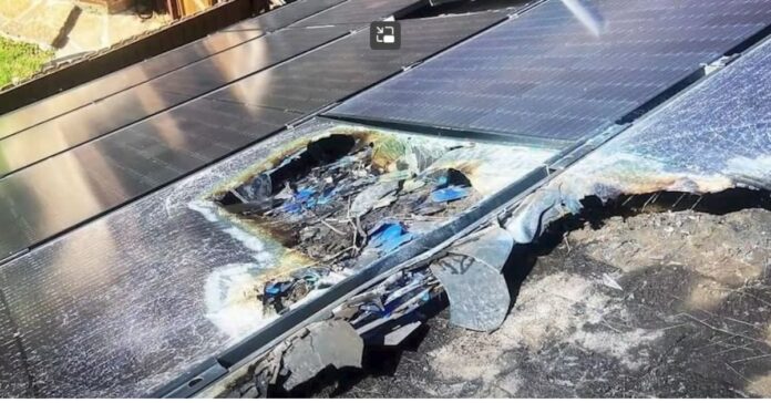 solar panel for home explodes and giver a warning about energy safety. In the image, the exploded panel on the roof