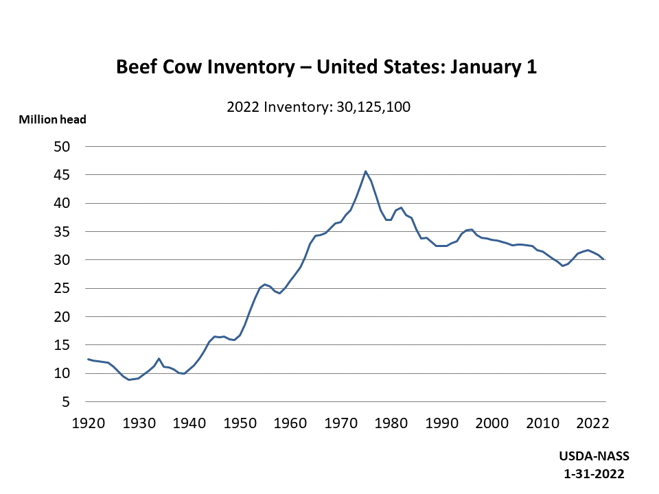 Methane is a greenhouse gas very powerful. In this chart you can check the beef cow inventory of US since 1920 up to 2022. 