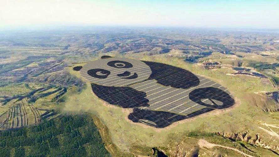 where solar panels are made - the image shows an air image of chinese solar energy farm in form of a giant panda