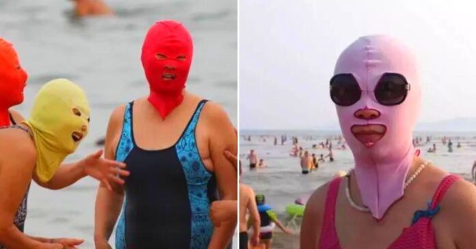 facekini china masks for climate change - the image shows some woman at the beach using the protection masks